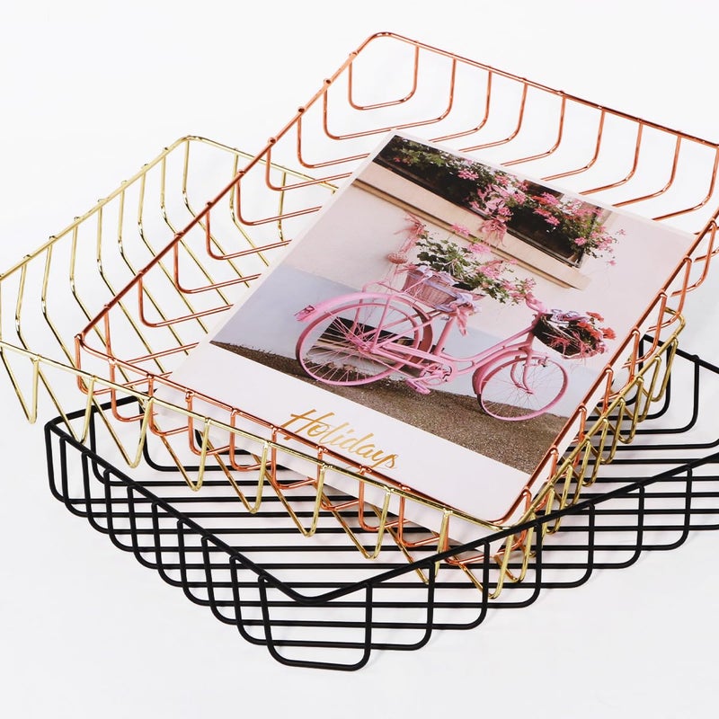 Fvstar Paper Organizer for Desk Metal Paper Tray Large Capacity Letter Tray File Holder Mail Inbox Storage Organizer Basket for Office Classroom Desktop,12.5" x 9.4" x 1.9",Gold - Image 4